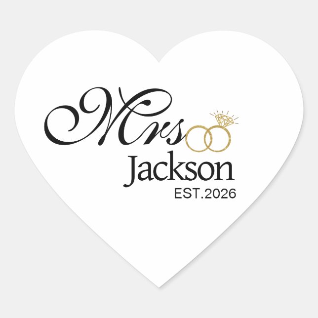 Modern Bride Name Wedding Ring Date Heart Sticker (Front)