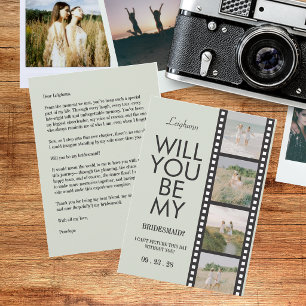 Modern Bridesmaid Photo Proposal Green Reel Invitation