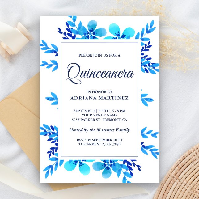 Modern Bright Blue Watercolor Floral Quinceanera Invitation (Creator Uploaded)