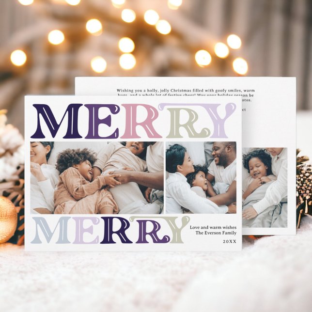 Modern bright bold Christmas family 4 photos Holiday Card (Modern bright bold Christmas family 4 photos Holiday Card purple)