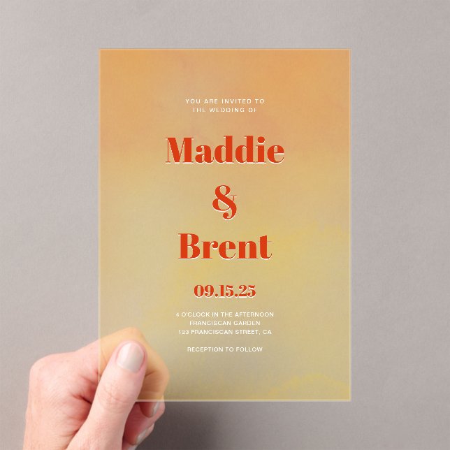 Modern Bright & Bold Gradient Orange Wedding Acrylic Invitations (Insitu (Handheld))