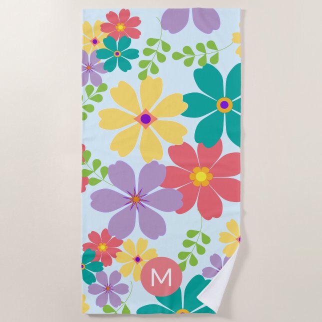 Modern Bright Cheerful Flower Pattern Monogrammed Beach Towel (Front)