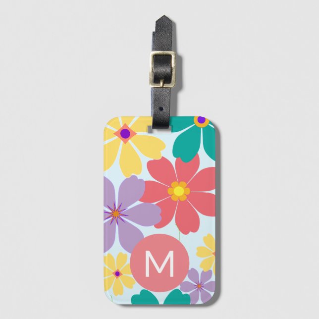 Modern Bright Cheerful Flower Pattern Monogrammed Luggage Tag (Front Vertical)