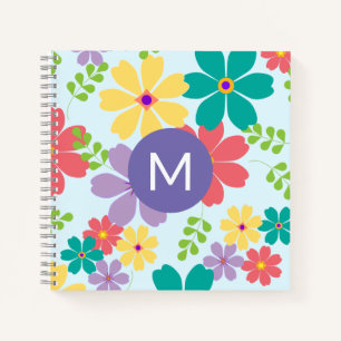 Modern Bright Cheerful Flower Pattern Monogrammed Notebook
