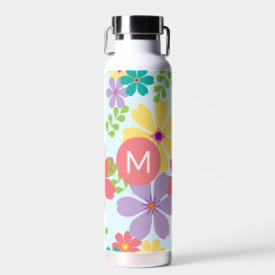 Modern Bright Cheerful Flower Pattern Monogrammed Water Bottle