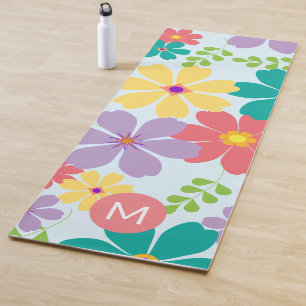 Modern Bright Cheerful Flower Pattern Monogrammed Yoga Mat