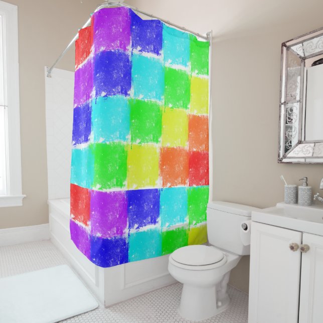 Modern Bright Colour Blocks Pattern Shower Curtain (In Situ)