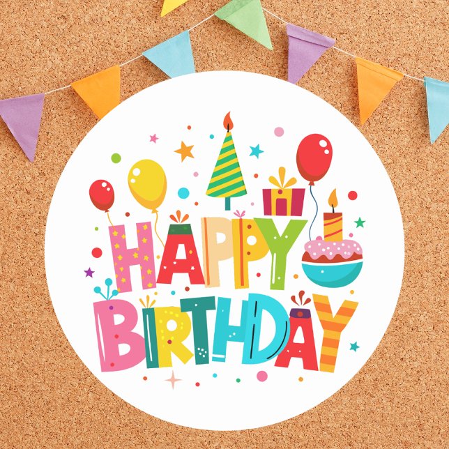 Modern Bright Colourful Classic Happy Birthday  Round Sticker (Creator Uploaded)