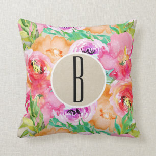 Modern Bright Colourful Floral Watercolor Kraft Cushion