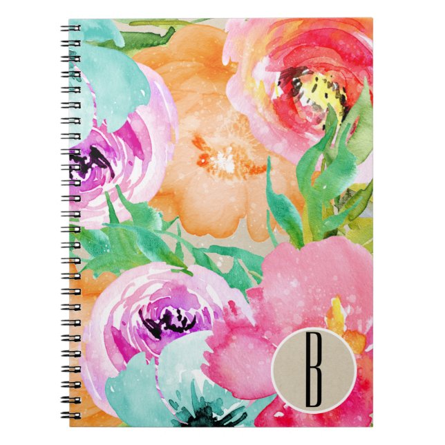 Modern Bright Colourful Floral Watercolor Kraft Spiral Notebook (Front)