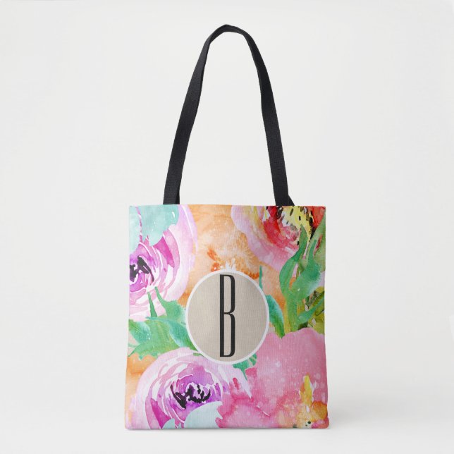 Modern Bright Colourful Floral Watercolor Kraft Tote Bag (Front)