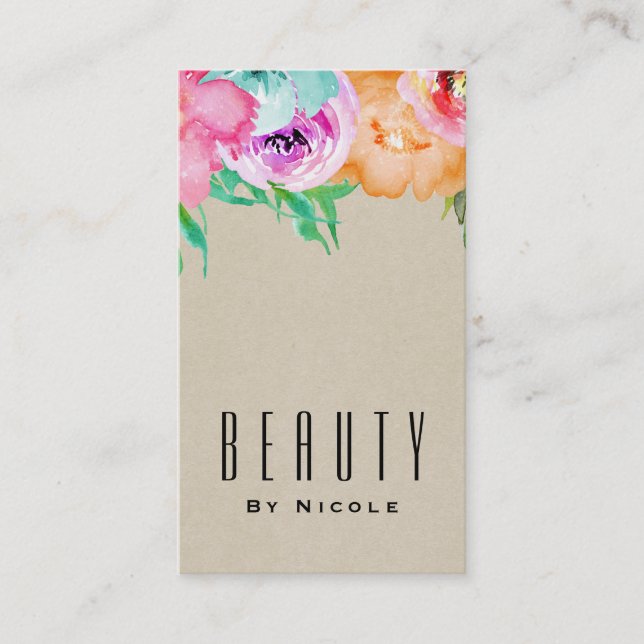 Modern Bright Floral Brown Kraft Glam Country Chic Business Card (Front)