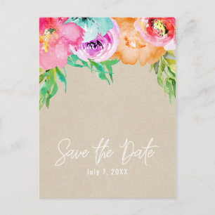 Modern Bright Floral Brown Kraft Save the Date Announcement Postcard