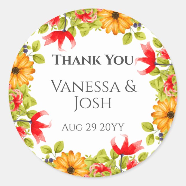 Modern Bright Floral Thank You Wedding Favour Classic Round Sticker (Front)