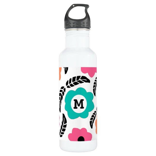 Modern Bright Flowers and Black Leaf Monogram 710 Ml Water Bottle (Front)