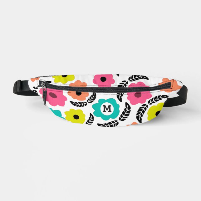 Modern Bright Flowers and Black Leaf Monogram Bum Bags (Front)