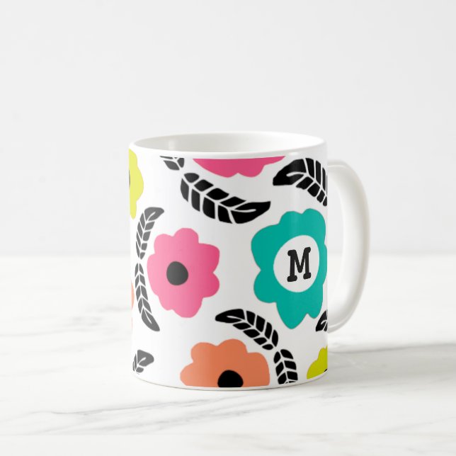 Modern Bright Flowers and Black Leaf Monogram Coffee Mug (Front Right)