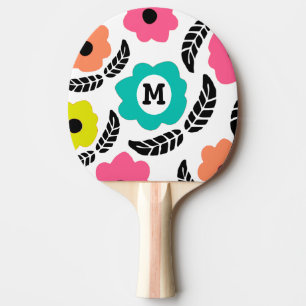 Modern Bright Flowers and Black Leaf Monogram Ping Pong Paddle