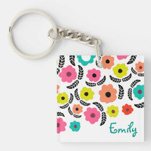 Modern Bright Flowers and Black Leaf Personalised Key Ring