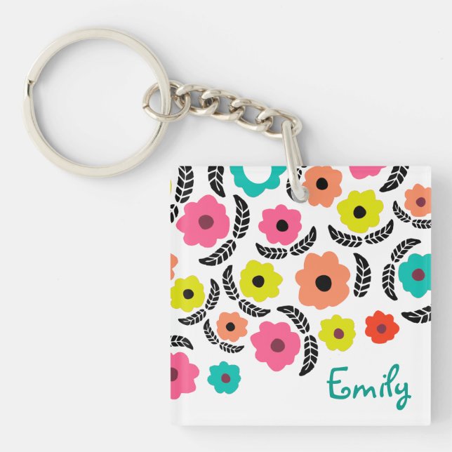 Modern Bright Flowers and Black Leaf Personalised Key Ring (Front)
