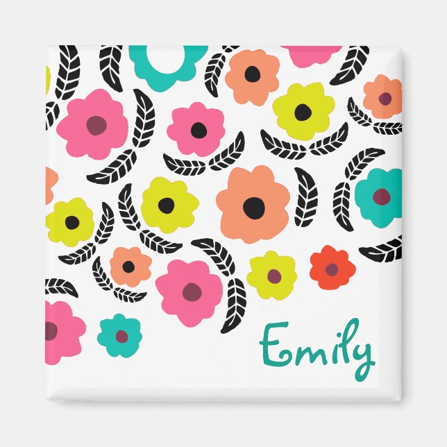 Modern Bright Flowers and Black Leaf Personalised Magnet (Front)
