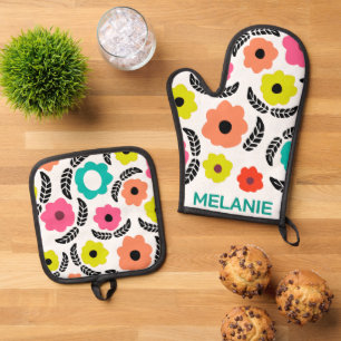 Modern Bright Flowers and Black Leaf Personalised Oven Mitt & Pot Holder Set