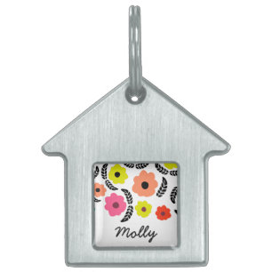 Modern Bright Flowers and Black Leaf Personalised Pet ID Tag