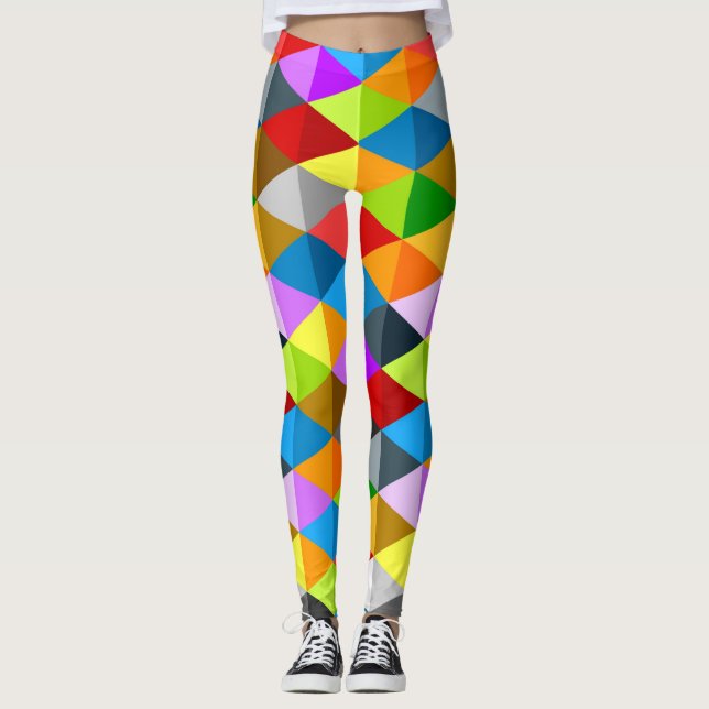 Modern bright funky colourful triangles pattern leggings (Front)