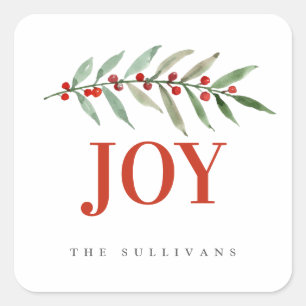 Modern Bright Holiday Christmas JOY Winter Berry Square Sticker