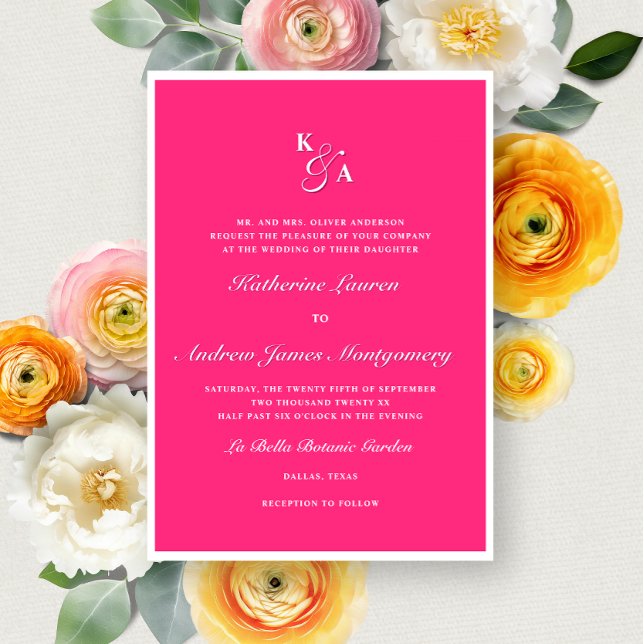 Modern Bright Hot Pink Monogram Formal Wedding Invitation (Creator Uploaded)