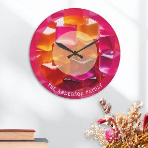 Modern Bright Jelly Cubes Pink Orange Personalised Large Clock