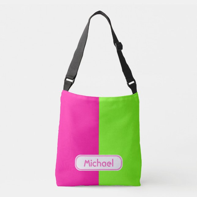 Modern Bright Neon Pink Green Monogram Crossbody Bag (Front)