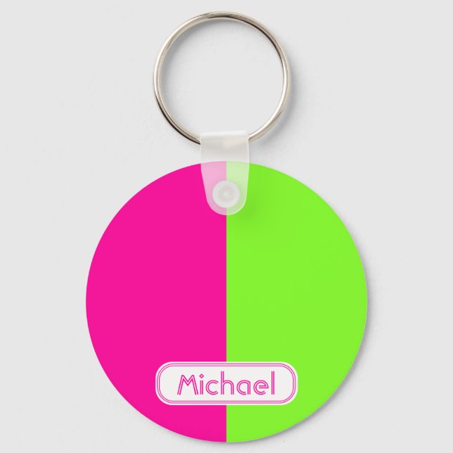 Modern Bright Neon Pink Green Monogram Key Ring (Front)