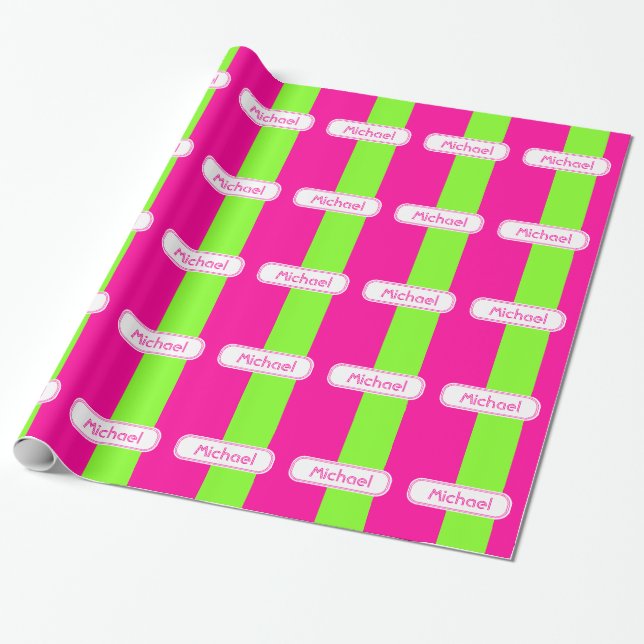 Modern Bright Neon Pink Green Monogram Wrapping Paper (Unrolled)