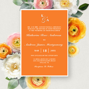 Modern Bright Orange Monogram Minimalist Wedding Invitation