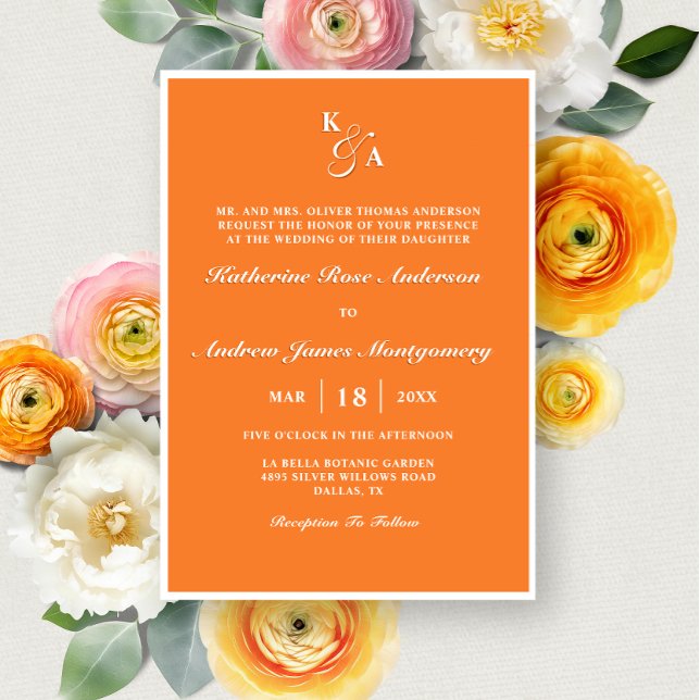 Modern Bright Orange Monogram Minimalist Wedding Invitation (Creator Uploaded)