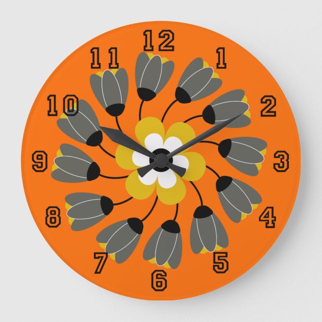 Modern Bright Orange Round Floral Swirl Large Clock (Front)