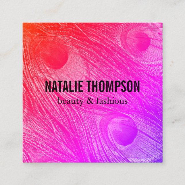 Modern Bright Peacock Feathers Square Business Card (Front)