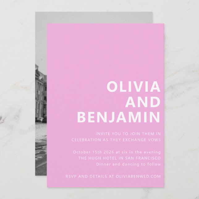 Modern Bright Pink Bold Typography Photo Wedding Invitation (Front/Back)