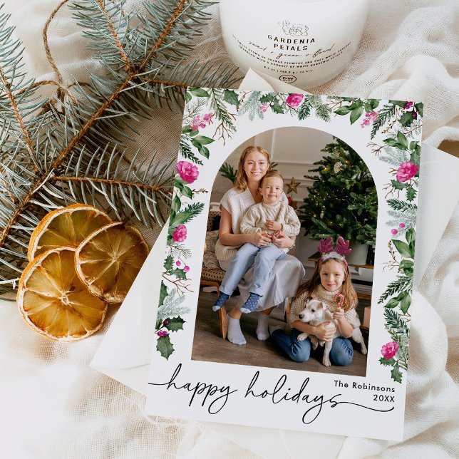 Modern Bright Pink Greenery Botanical Arch 1 Photo Holiday Card (Creator Uploaded)