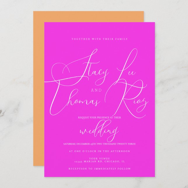 Modern Bright Pink Orange Pretty Script Wedding Invitation (Front/Back)