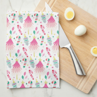 Modern Bright Pink Whimsical Christmas Tea Towel