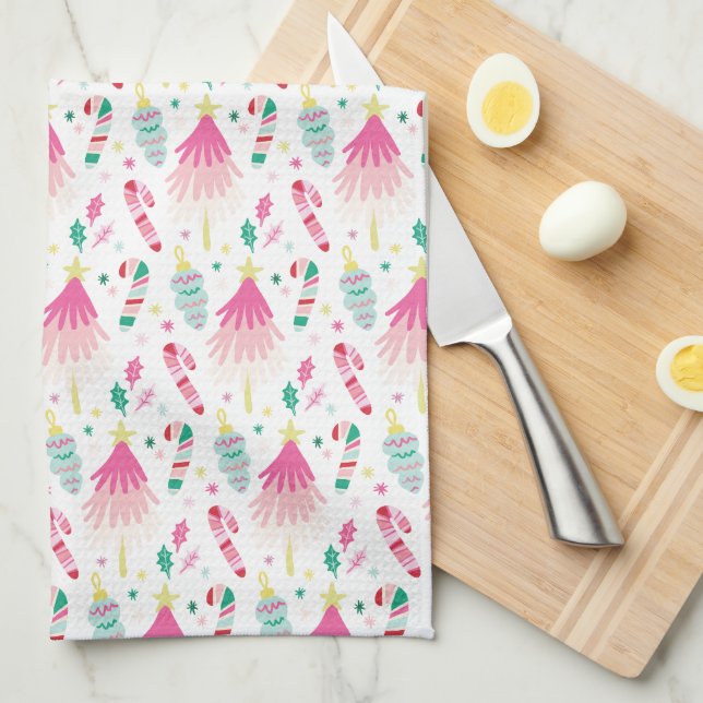 Modern Bright Pink Whimsical Christmas Tea Towel (Quarter Fold)