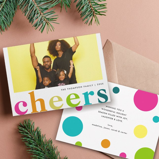 Modern Bright Polka Cheers New Year Photo Holiday Card (Creator Uploaded)