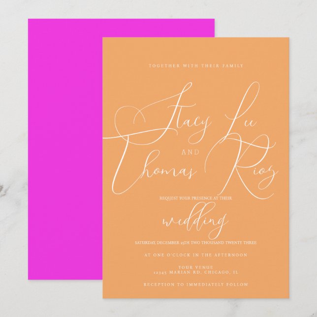 Modern Bright  Pretty Script Orange Pink Wedding Invitation (Front/Back)