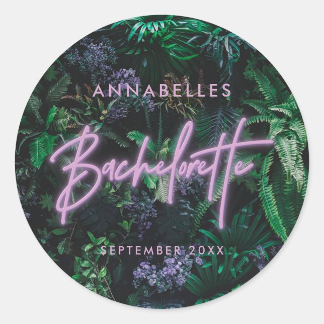 Modern bright purple girly neon bachelorette  classic round sticker (Front)