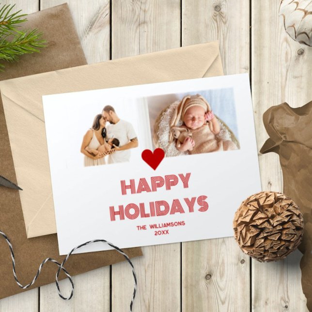 Modern Bright Red Happy Holidays 2 Photos Holiday Card (Modern Bright Red and White Happy Holidays 2 Photos Heart Holiday Card)