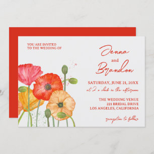 Modern Bright Red Poppy Floral Wedding Invitation