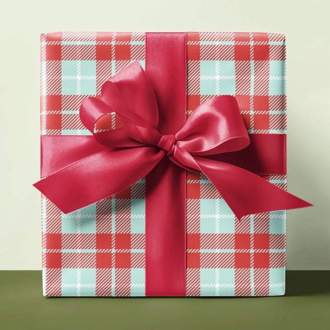 Modern Bright Red Teal White Holiday Plaid Gift Wrapping Paper (Creator Uploaded)
