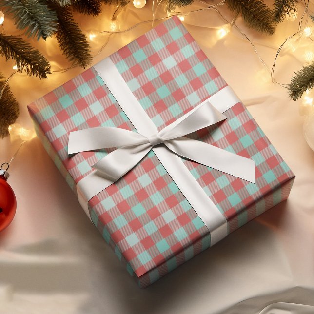 Modern Bright Red Teal White Plaid Holiday Gift Wrapping Paper (Creator Uploaded)